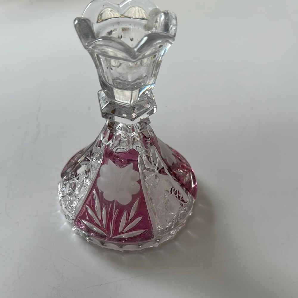 Pink and White candlestick holder by Anna Hutte bohemian glass